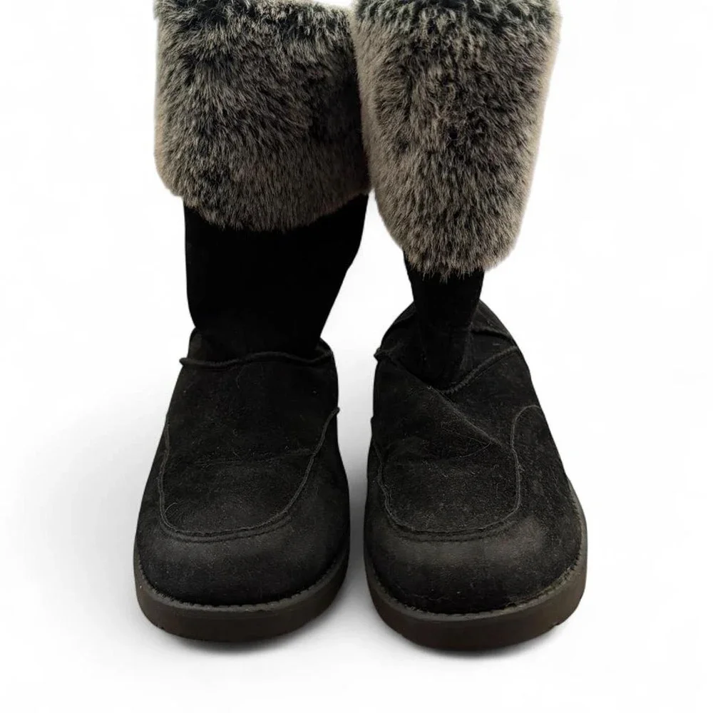 Rampage Womens Black Faux Suede Mid Calf Winter Boots Gray Faux Fur Trim Size 8